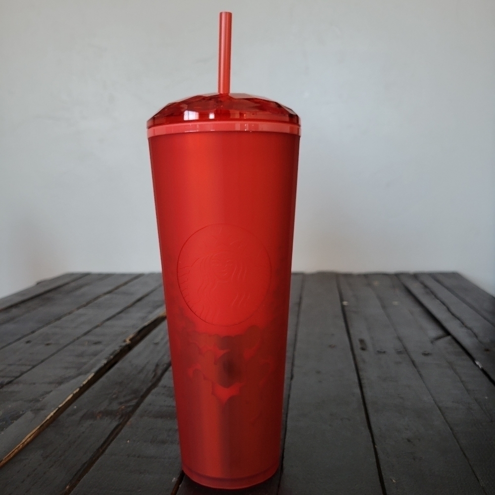 Starbucks NWT Valentine's Day 2022 Matte Red Tumbler Heart Print 24 Ounce Dome